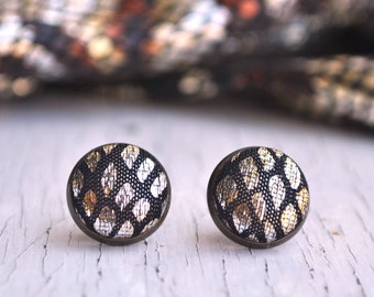 Metallic Snakeskin Fabric Button Earrings, Snakeskin Studs, Metallic Snake Print Lever Back Earrings, Animal Print Earrings