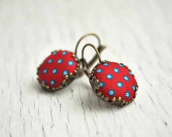 Polka Dot Earrings, Red Polka Dot Studs, Fabric Button Polka Dot Earrings, Red Blue Polka Dot Studs