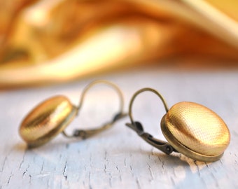 Metallic Gold Fabric Button Earrings: Upcycled Brass Bronze Studs