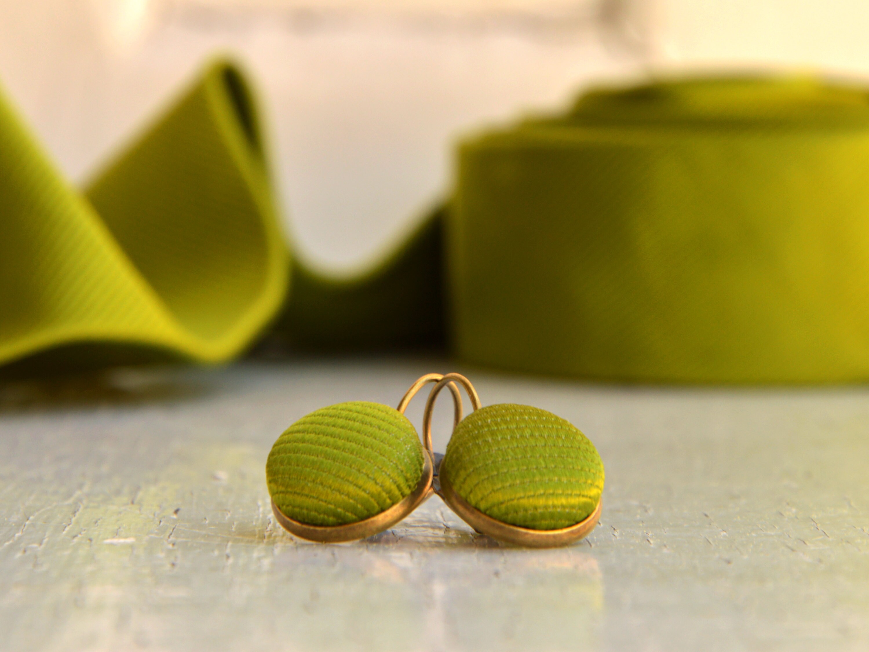Minimalist Green Earrings, Pistachio Silk Fabric Button Earrings, Light