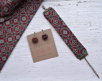 Silk Ribbon Bracelet, Red Fabric Jewelry Set, Wide Band Bracelet, Red Silk Fabric Button Earrings, Silk Jewellery Set, Statement Jewellery