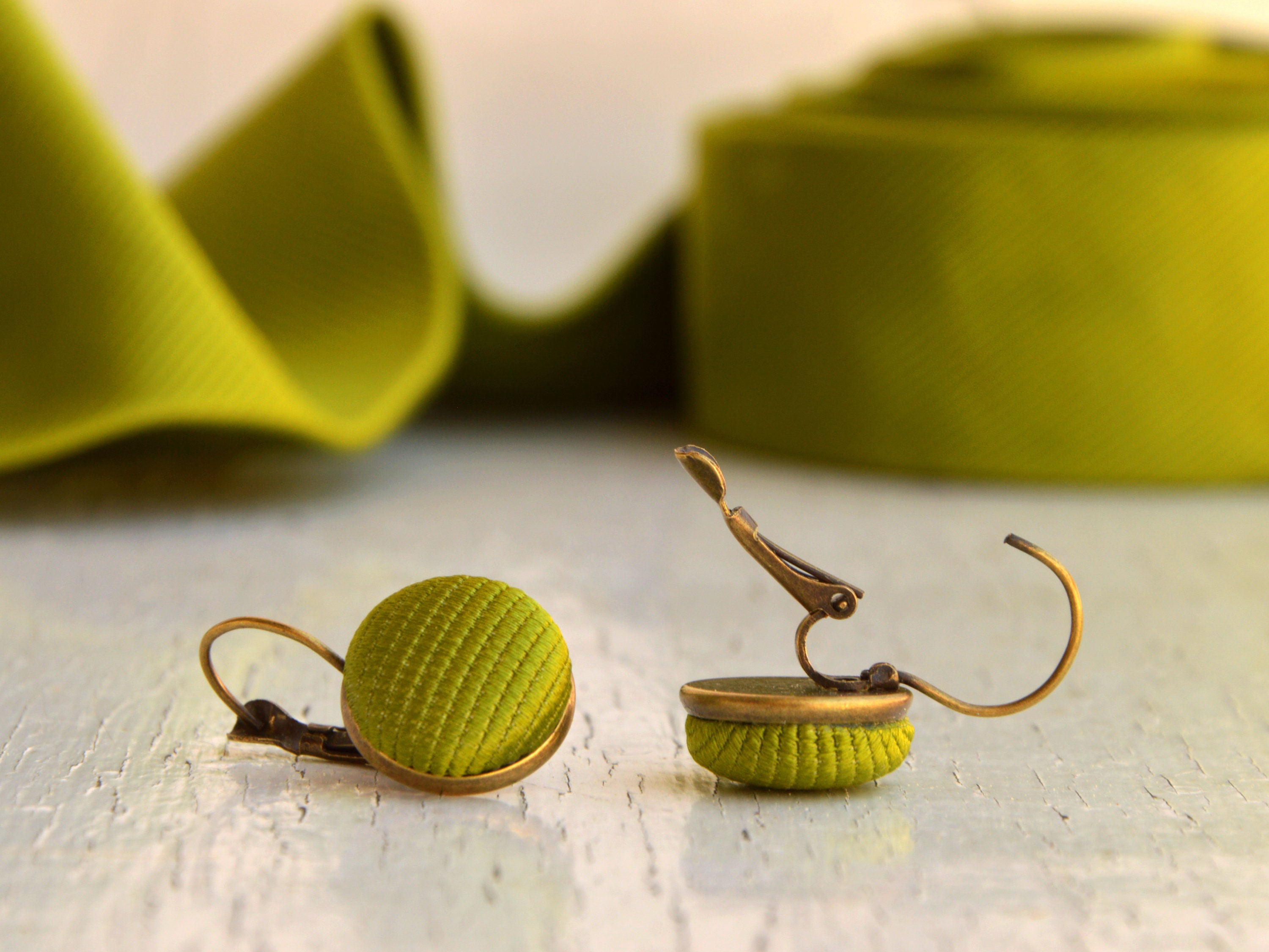 Minimalist Green Earrings, Pistachio Silk Fabric Button Earrings, Light