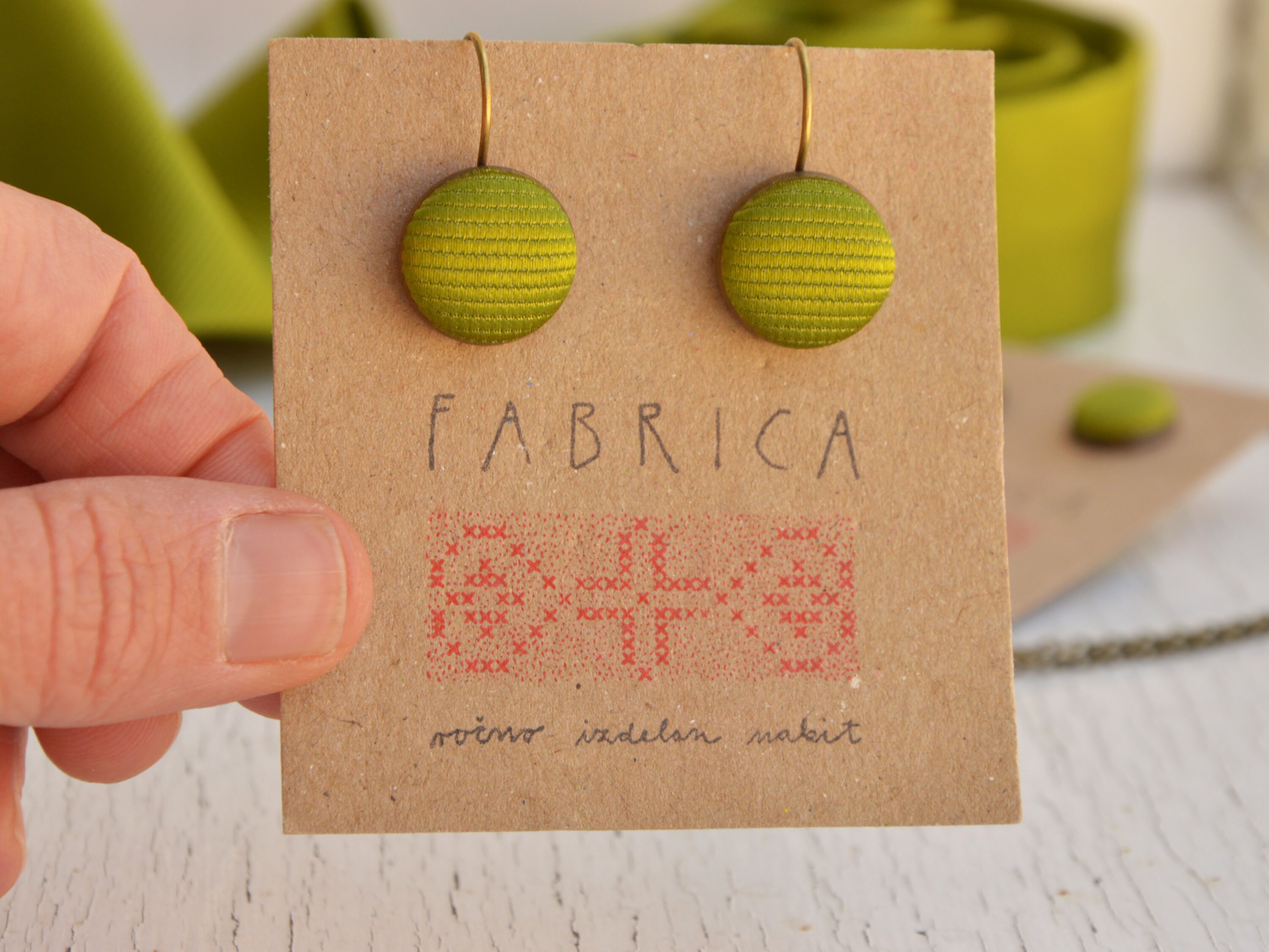 Minimalist Green Earrings, Pistachio Silk Fabric Button Earrings, Light