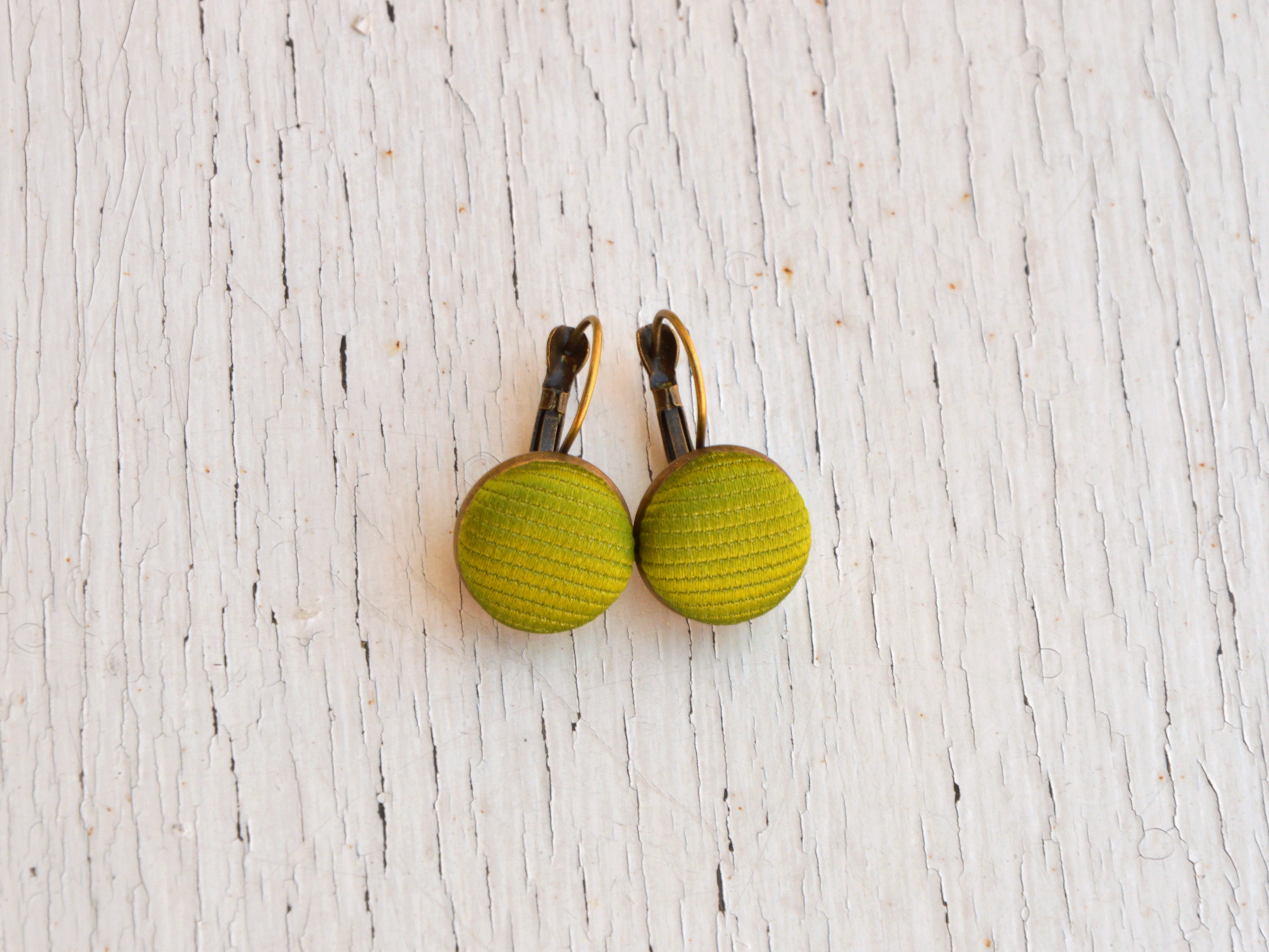 Minimalist Green Earrings, Pistachio Silk Fabric Button Earrings, Light