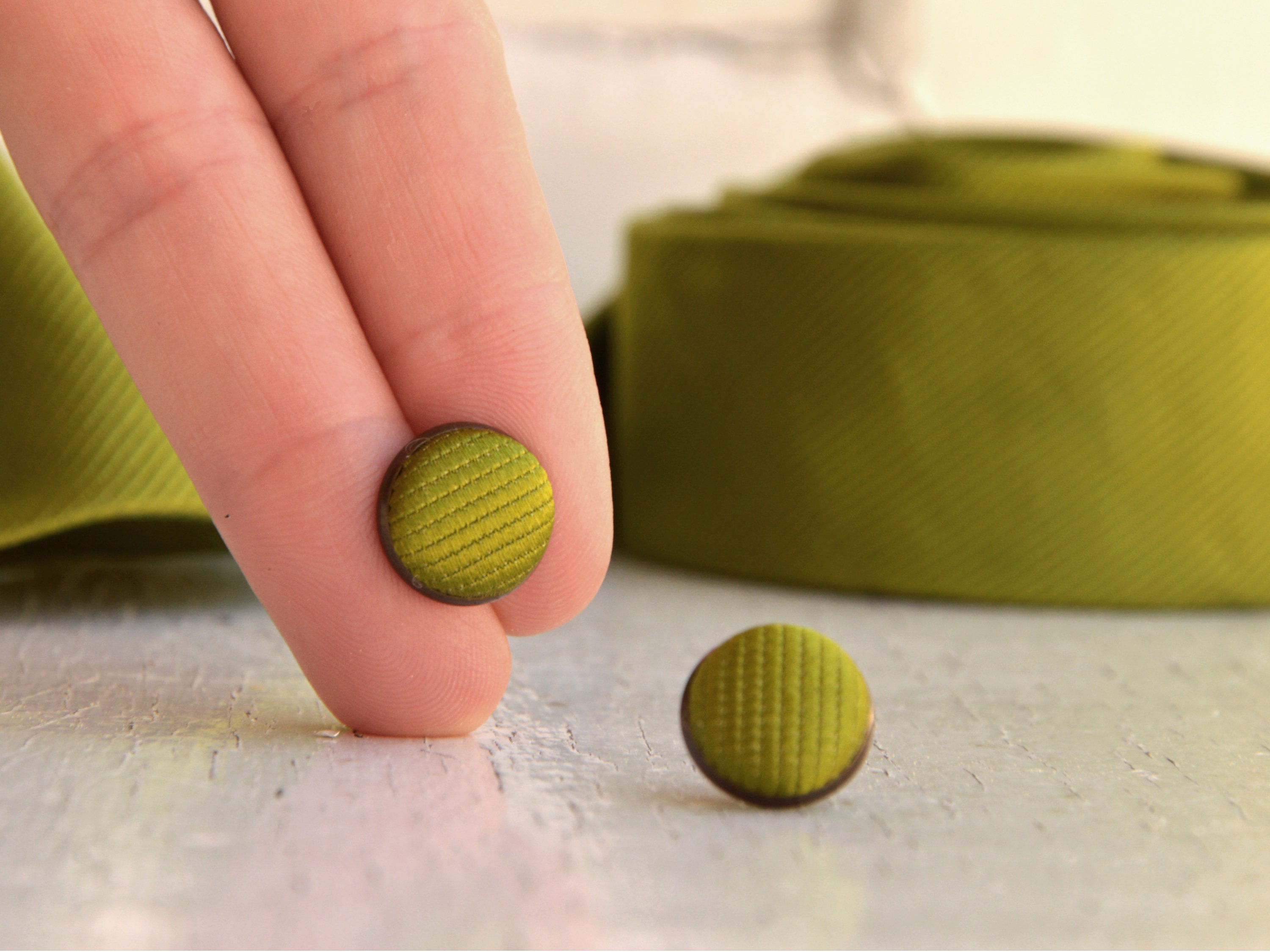 Minimalist Green Earrings, Pistachio Silk Fabric Button Earrings, Light