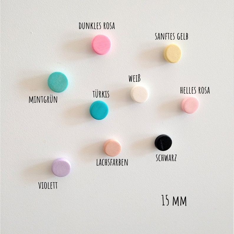 Übersich Magnete 15 mm: dunkles rosa, sanftes gelb, mintgrün, türkis, weiß, helles rosa, violett, lachsfarben, schwarz