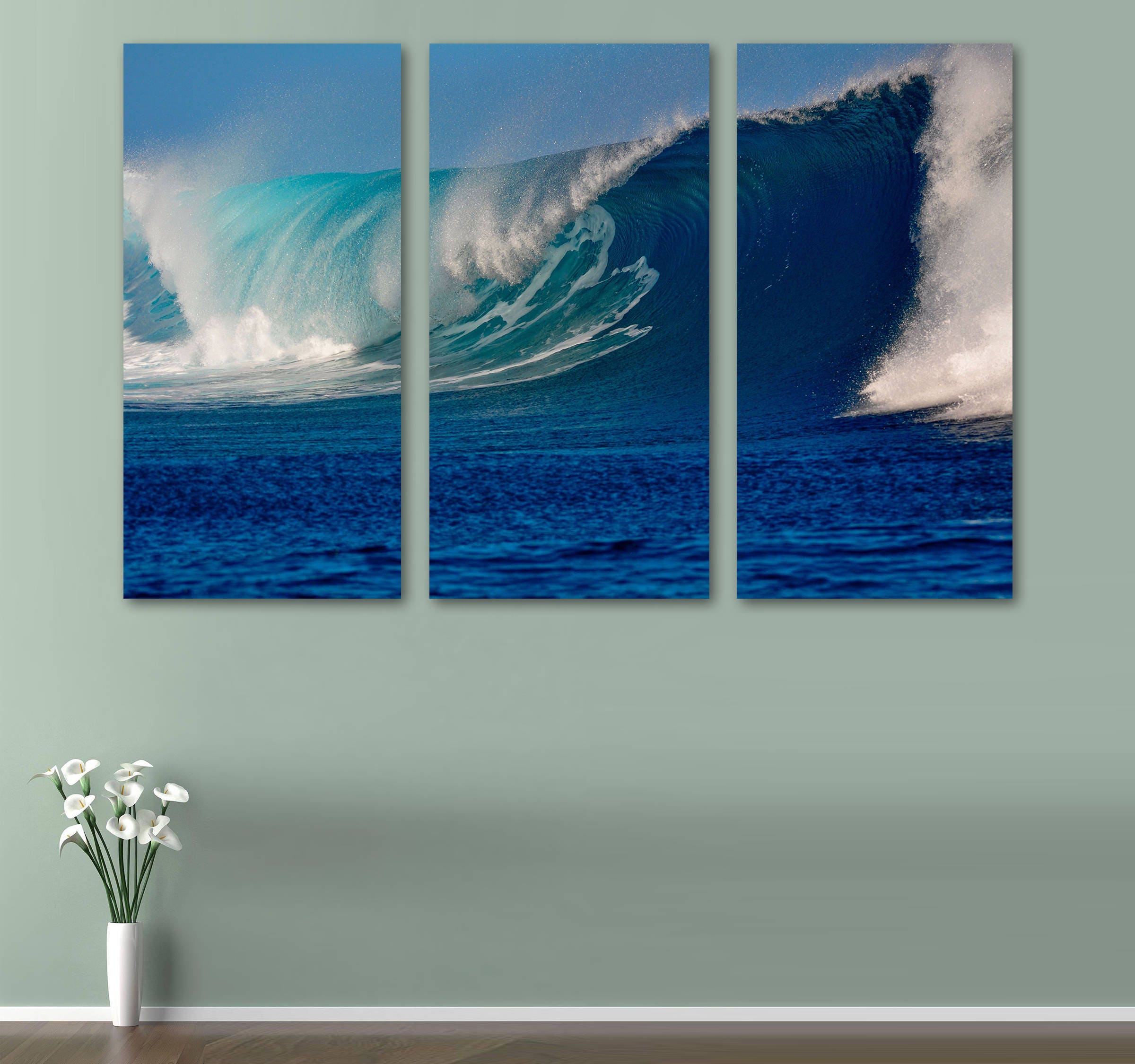 Blue Ocean Wave Canvas Print Wall Art 3 Panel Split, Triptych. Wall