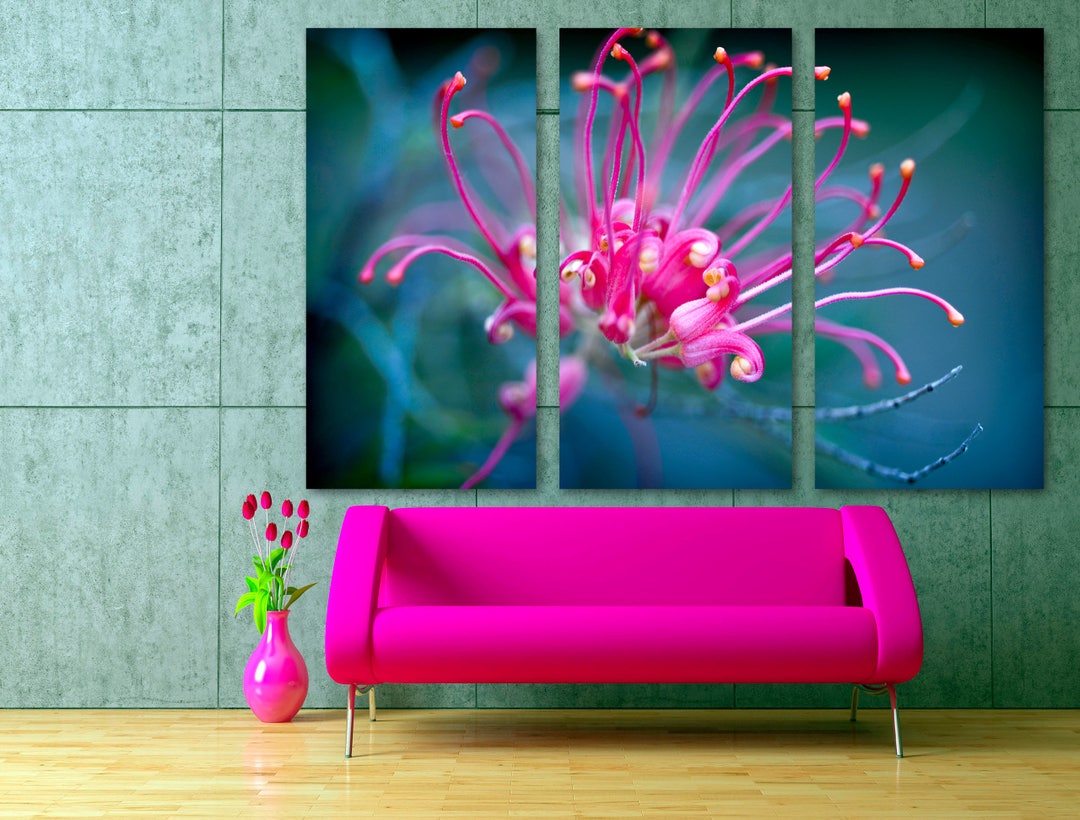 Pink Purple Flower Wall Art Canvas Print 3 Panel Split, Triptych. Wall