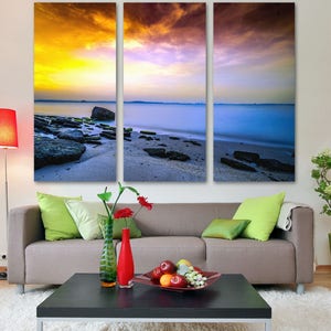 Peaceful Beach Sunset Canvas Print Wall Art - 3 Panel Split, Triptych. Wall Decor, Home Decor, Living Room decoration, Interior design