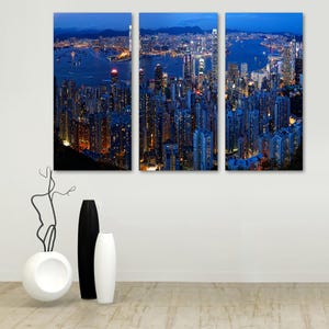 Victoria Harbour Hong Kong Skyline Canvas Print Wall Art - 3 Panel Split, Triptych Wall Decor, Home Decor, Room decoration, Interior design