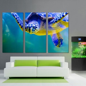 Blue Turtle Canvas Print - 3 Panel Split, Triptych Wall Art. Wall Decor, Home Decor, Living Room decoration, Interior design