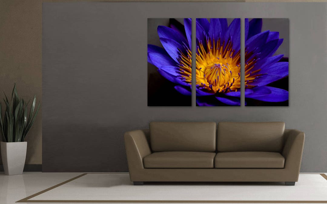 Blue Blauer Lotus Flower Canvas Print Wall Art - 3 Panel Split ...