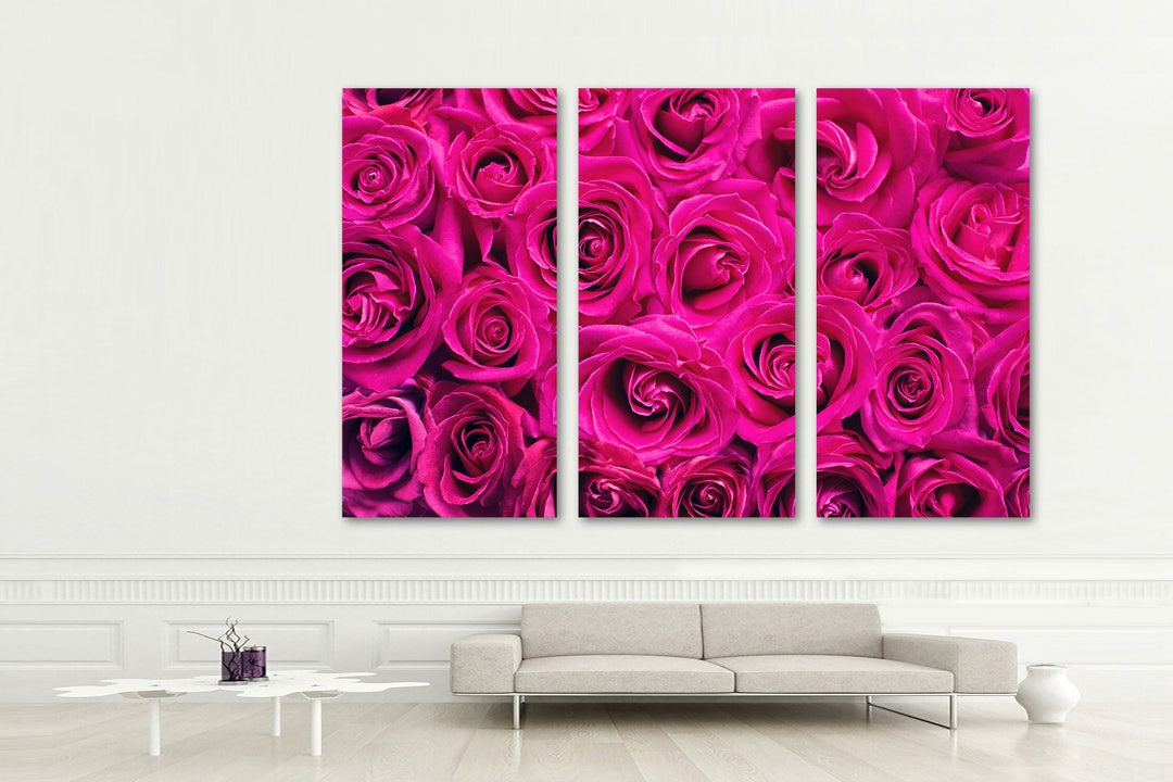 Pink Purple Rose Bouquet Flower Wall Art Canvas Print - 3 Panel Split ...