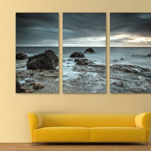 Rocky Seacoast, Cloudy Skies Wall Art Canvas Print - 3 Panel Split, Triptych Wall Decor, Home Decor, Living Room decoration, Interior design