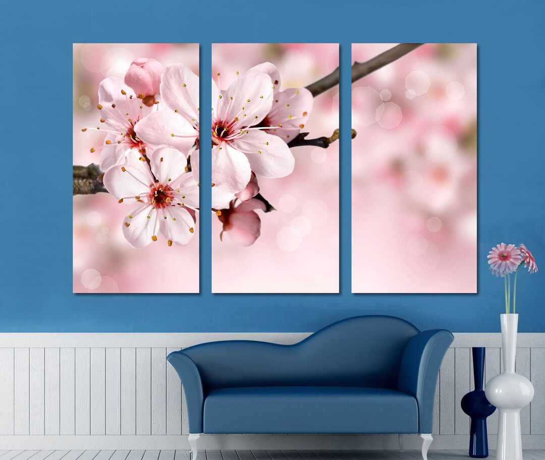 Pink Cherry Blossom Canvas Print Wall Art 3 Panel Split, Triptych. Wall