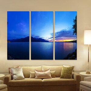 Blue Evening Sunset Canvas Print Wall Art - 3 Panel Split, Triptych. Wall Decor, Home Decor, Living Room decoration, Interior design