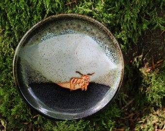 Heilan' Coo Small Plate, Trinket dish, Coaster or Spoon Rest: Handmade Scottish Design
