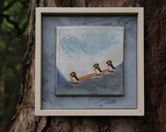 Framed Landscape of Puffins in Ceramic and Acrylic