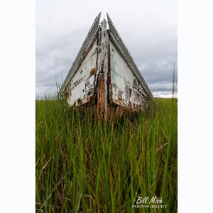 May include: A weathered wooden boat, partially submerged in tall green grass, with the bow pointing towards the sky. The boat is white with peeling paint and shows signs of age and wear.