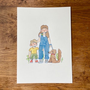 May include: A watercolour illustration of a family with a dog. A woman with brown hair is wearing blue overalls and a yellow shirt with a star. She is holding hands with a boy wearing a yellow shirt and green trousers. A brown dog is standing next to them.