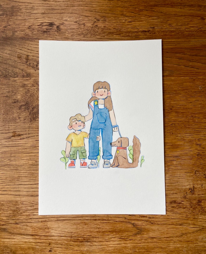 May include: A watercolour illustration of a family with a dog. A woman with brown hair is wearing blue overalls and a yellow shirt with a star. She is holding hands with a boy wearing a yellow shirt and green trousers. A brown dog is standing next to them.