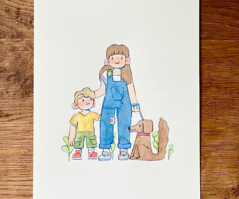 May include: A watercolour illustration of a family with a dog. A girl with brown hair is wearing blue overalls and a yellow star. A boy with blonde hair is wearing a yellow shirt and blue shorts. A brown dog is wearing a red collar.
