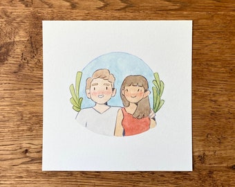 Custom Mini Family Portrait, Watercolour painting, character illustration, Couple, watercolor commission (5.5 x 5.5”)