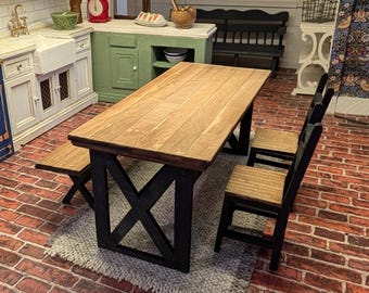 Miniature Dollhouse Dining Table, Bench, Chairs,Modern Farmhouse Rustic, Artisan Made