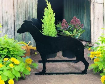 Metal Greyhound Planter: "GIZMO" Inscribed, Sighthound Garden Decor
