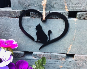 Metal Cat Love Heart | Hanging Feline Décor |  Kitty Tribute Wall Art Sculpture | Outdoor Garden Decoration | Rustic Metal or Coated Finish