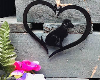 Metal Dog Love Heart | Hanging Rustic Canine Décor |  Doggy Tribute Wall Art Sculpture | Outdoor Garden Decoration | Rustic or Coated Finish