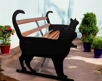 Hand-crafted Cat Garden Bench: Metal & Iroko Hardwood