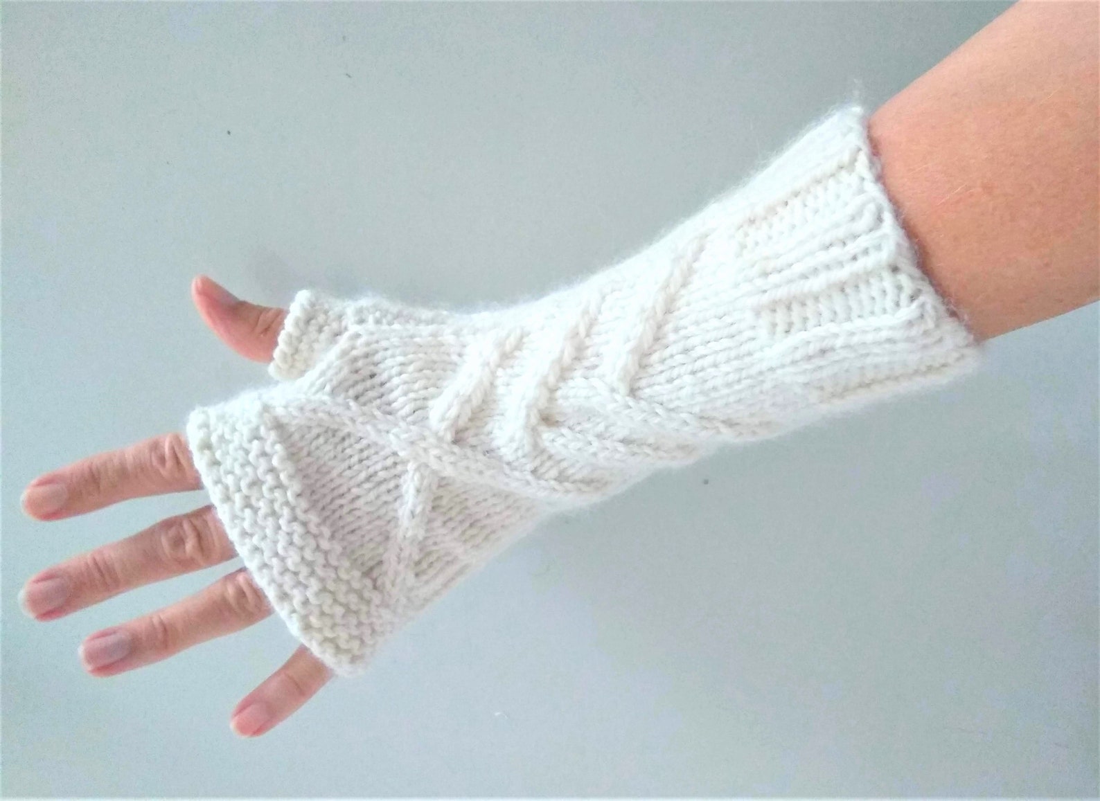Off White Arm Warmers Hand Knit with Cables and Thumb Holes Etsy