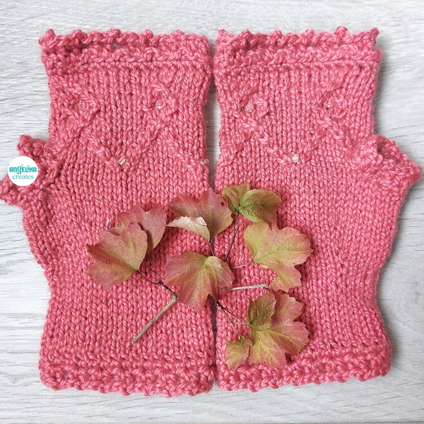 Short fingerless gloves rhubarb pink, wrist warmers coral pink, gloves knitted for women, beaded gloves, gift idea for her