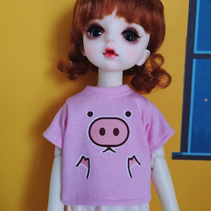 Custom For Lati Yellow Pukifee and similar size Blythe BJD 1/6 1/8 YOSD Dolls Clothes Top T-shirt Patterns 013 pink pig