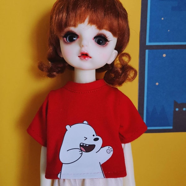 Custom For Lati Yellow Pukifee and similar size Blythe BJD 1/6 1/8 YOSD Dolls Clothes Top T-shirt Patterns 015 red bear