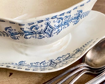 French antique ironstone gravy boat, blue floral transferware pattern, Longchamp, 1900s, attached plate, France Kitchenware, Antique Gifts