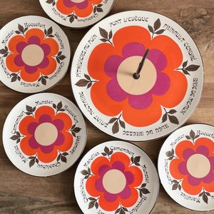 French Cheese platter and plates set, GIEN Harmonie Series, Vintage Cheese serving dishes, 1960s, 1970s, red purple flower, Boho style