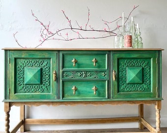 EXEMPLE de finition personnalisée ** contactez-moi pour une pièce personnalisée ** , enfilade buffet vintage NON à VENDRE, vert avec bleu, accents dorés