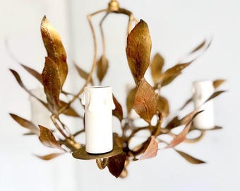 Vintage French Gilt Tole Chandelier, 4 Light Leaf Pendant light, French Country Lighting, Hollywood Regency Ceiling Light