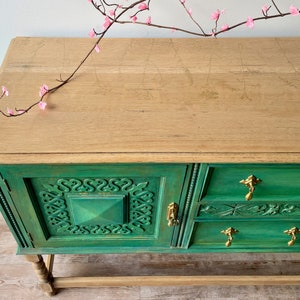 Vintage sideboard, buffet, Green with gold accents, natural wood legs and top. painted furniture, vintage dining room furniture, Maison 108 Vintage, upcycled furniture, hand painted buffet, boho farmhouse style, boho furniture, boho dining room