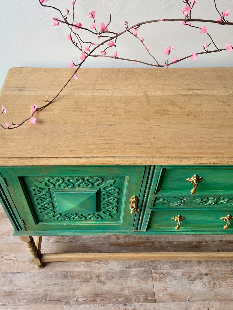 Vintage sideboard, buffet, Green with gold accents, natural wood legs and top. painted furniture, vintage dining room furniture, Maison 108 Vintage, upcycled furniture, hand painted buffet, boho farmhouse style, boho furniture, boho dining room