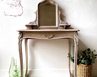 Français vanité vintage avec miroir biseauté / Coiffeuse / Table de maquillage / dessus en marbre pierre / miroir pivotant / grand tiroir / Bois massif