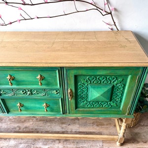 Vintage solid wood sideboard, buffet, botanicals, Green, gold accents, natural wood. lined with botanical print, hand painted furniture, Maison 108 Vintage, upcycled furniture, buffet, boho farmhouse style, boho furniture dining room, vintage home