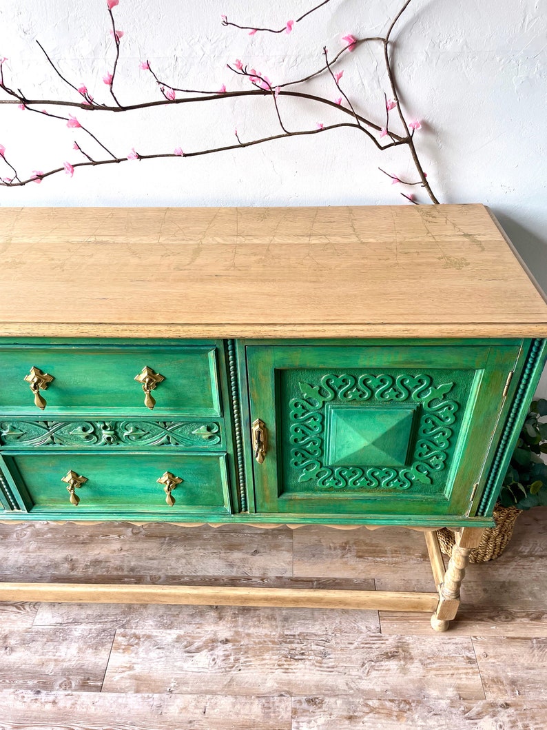 Vintage solid wood sideboard, buffet, botanicals, Green, gold accents, natural wood. lined with botanical print, hand painted furniture, Maison 108 Vintage, upcycled furniture, buffet, boho farmhouse style, boho furniture dining room, vintage home