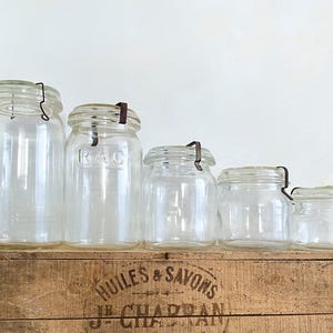 Vintage Canning Jars Canister set of 5 large containers, Kitchen or bathroom storage, Vintage glass jars, old jars, food storage canisters
