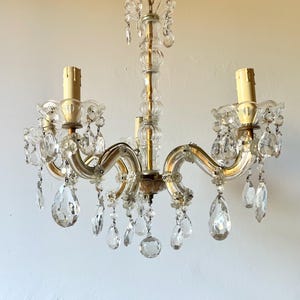 Vintage French Glass & Brass Chandelier with Crystal Drops | 5-Arm E14 Ceiling Light | Antique Elegant Lighting Fixture | Pendant light