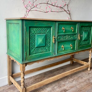 Vintage solid wood sideboard, buffet, botanicals, Green, gold accents, natural wood. lined with botanical print, hand painted furniture, Maison 108 Vintage, upcycled furniture, buffet, boho farmhouse style, boho furniture dining room, vintage home