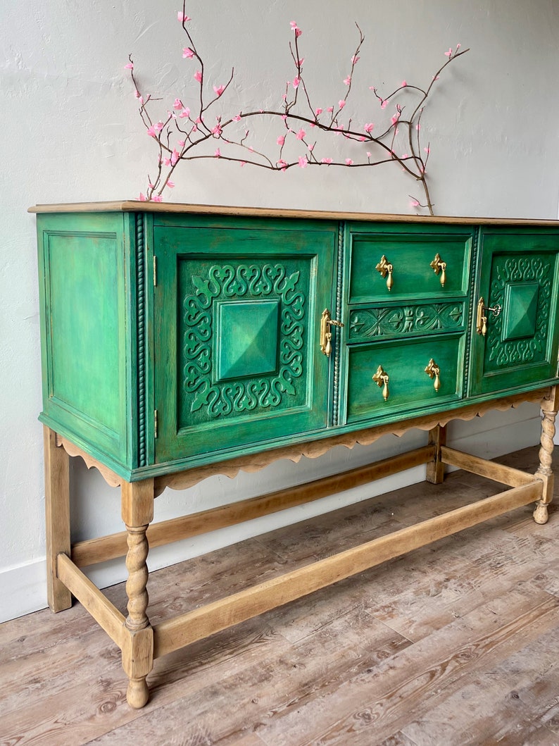 Vintage solid wood sideboard, buffet, botanicals, Green, gold accents, natural wood. lined with botanical print, hand painted furniture, Maison 108 Vintage, upcycled furniture, buffet, boho farmhouse style, boho furniture dining room, vintage home