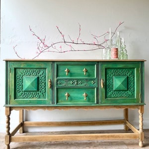 Vintage sideboard, buffet, Green with undertones of blue 
 with gold accents, dining room sideboard, vintage buffet, painted furniture, vintage dining room furniture, Maison 108 Vintage, upcycled furniture, hand painted furniture